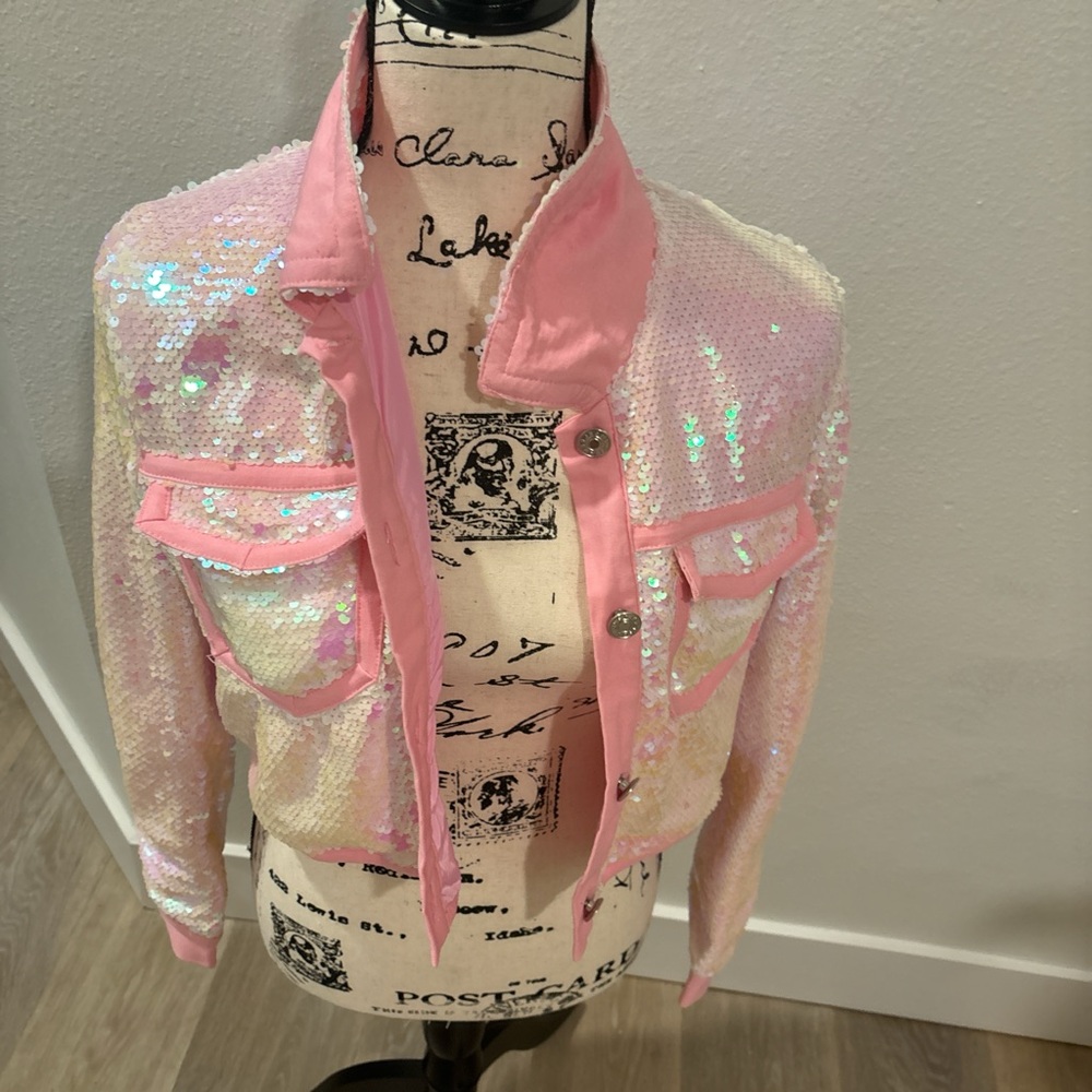Pink Bomber Jacket with Iridescent Sheen and High Collar